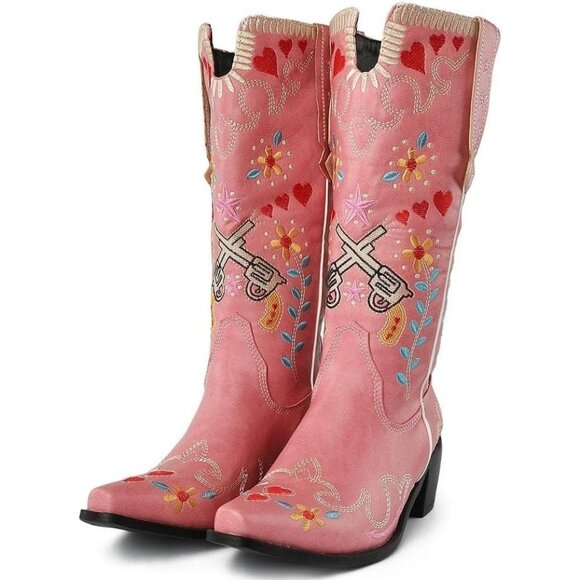 Shoes - Women's Pink Floral Embroidered Cowgirl Boots Chunky Low Heels Pull On Shoes